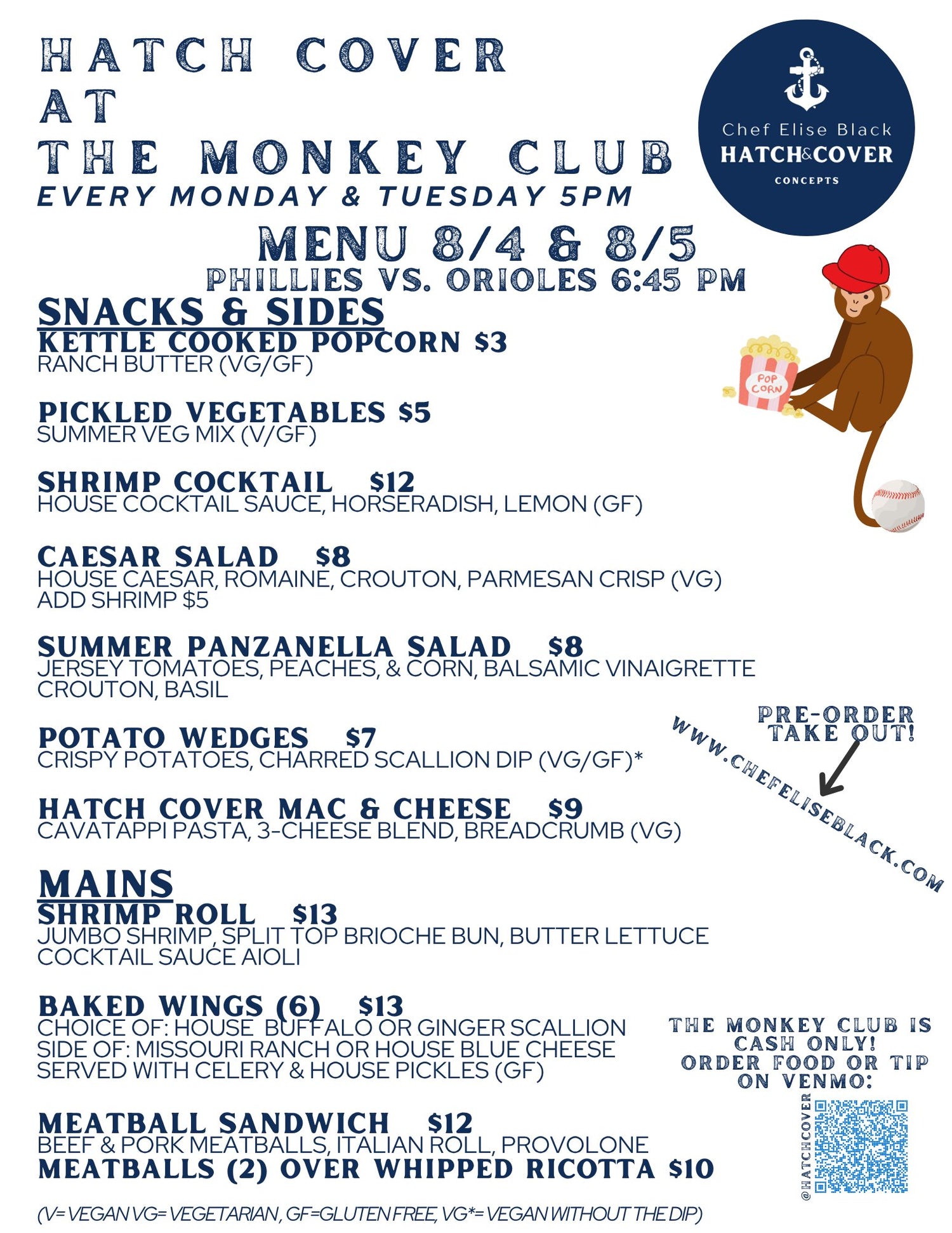 The Monkey Club Take Out - Menu for 8/4 & 8/5